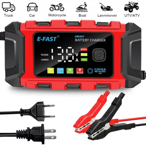 Smart Battery Charger & Maintainer — 12V, 6A, Automatic